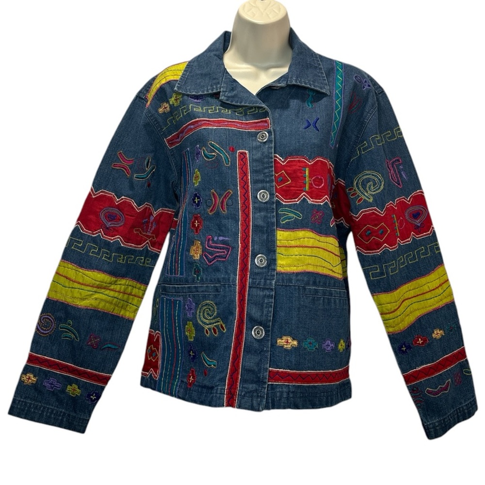 Vintage Chicos Design Denim Blue Jean Jacket Applique Embroidered Boho Size 1
